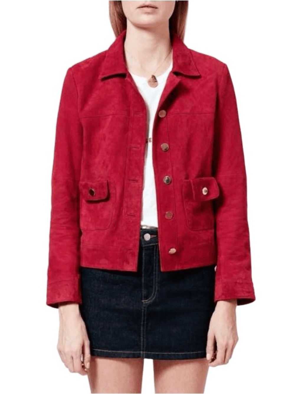 Rouje Mona Red Suede Button-Front Jacket